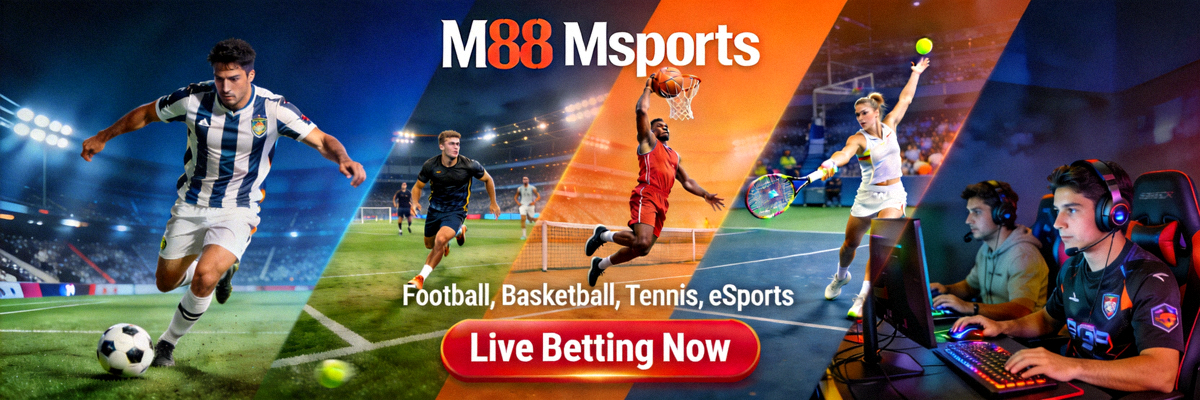 Banner utama M88 Msports menampilkan berbagai pertandingan olahraga populer untuk taruhan langsung