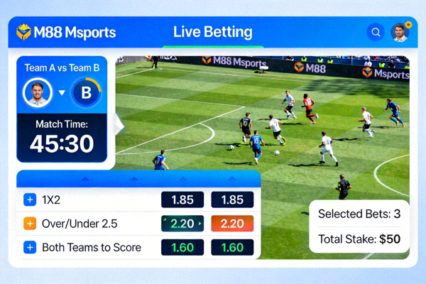 Tampilan live betting M88 Msports dengan odds yang berubah secara real-time selama pertandingan